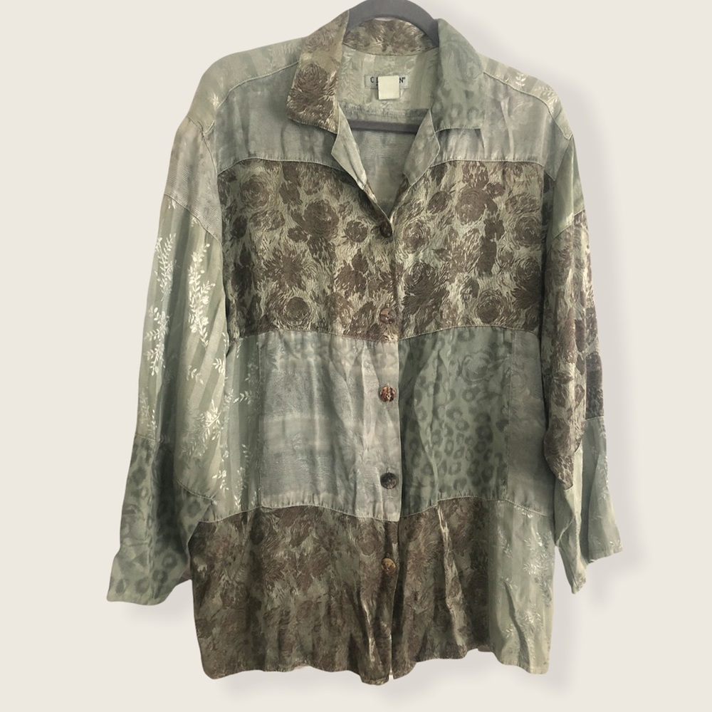 Citron Santa Monica Button Down Tunic Top Green Brown Botanical Floral